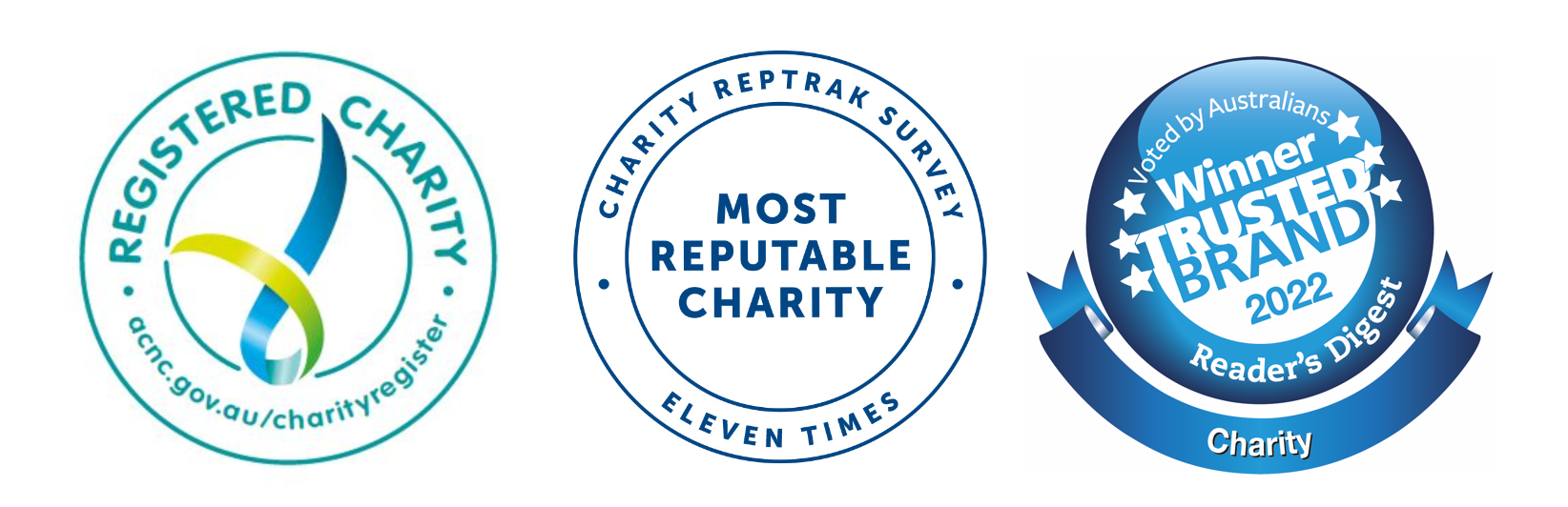 ACNC registered charity, Ten Times most reputable charity, and Readers Digest 2021 trusted brand winner.
